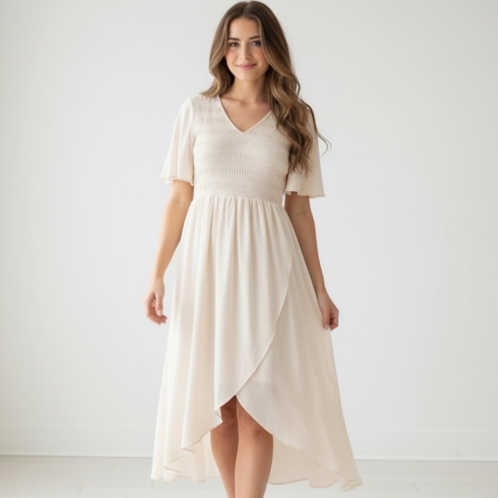 Roolee Ruched Bust V-Neckline Mock Wrap Midi Dress